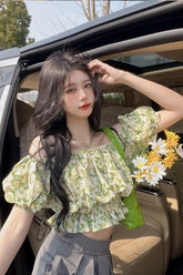 Off Shoulder Floral Pattern Strapless Slim Shirt